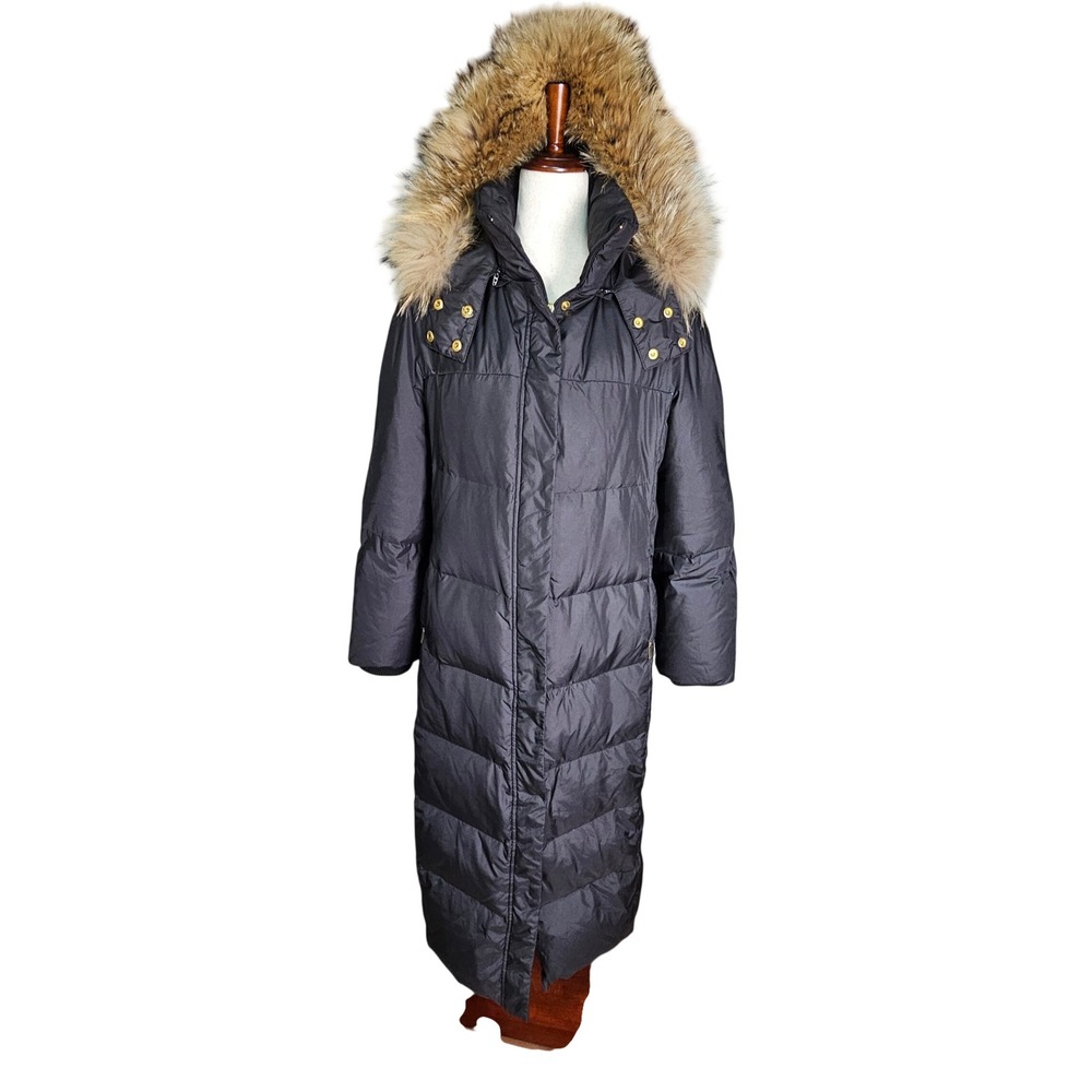 Ellen Tracy Long Puffer Coat Black Racoon Fur Hood Down Fill Women's Size S/M - Picture 1 of 15